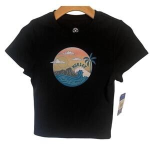 Hurley T Shirt Girls Medium Black Graphic Ocean Wave Surf Tee Activewear NEW
